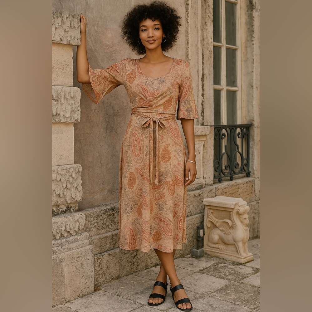 Cynthia Steffe Neutral Boho MIDI Dress Jersey Flutter Sleeve L